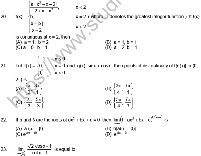 JEE Mathematics Limits Continuity And Differentiability MCQs Set A ...